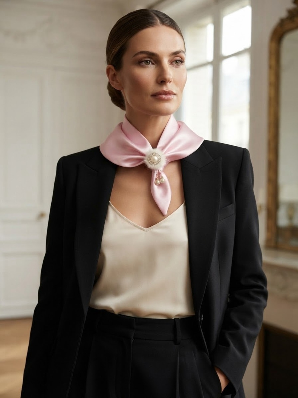 Elegant Pink Satin Neck Scarf with Pearl Brooch